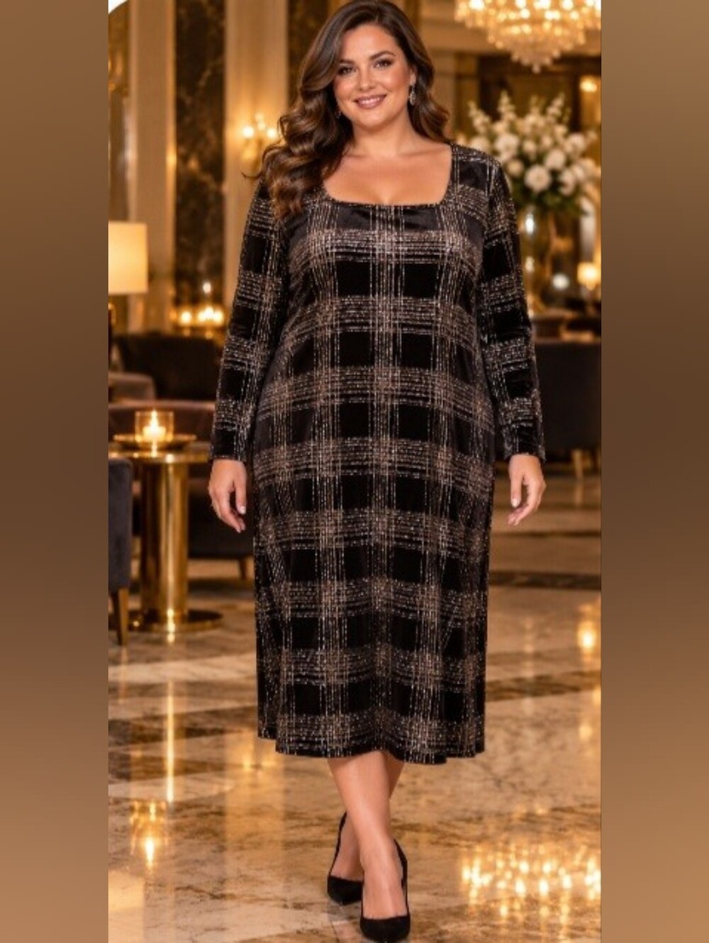Plus Size Black Plaid Metallic-Accent Long Sleeve Midi Dress